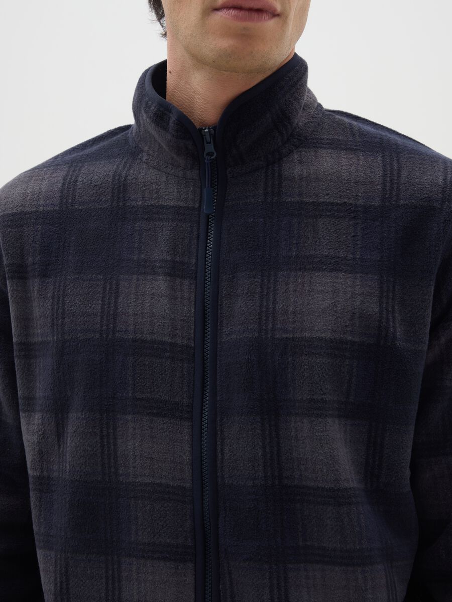 Blue High Neck Check Fleece Jacket with Zip_3