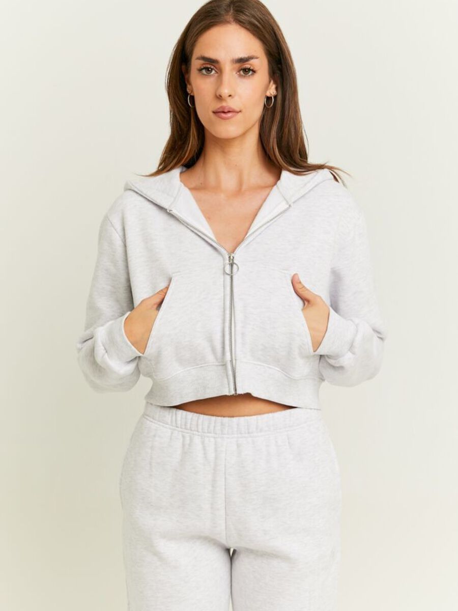 Full-zip crop sweatshirt in fleece with hood_0
