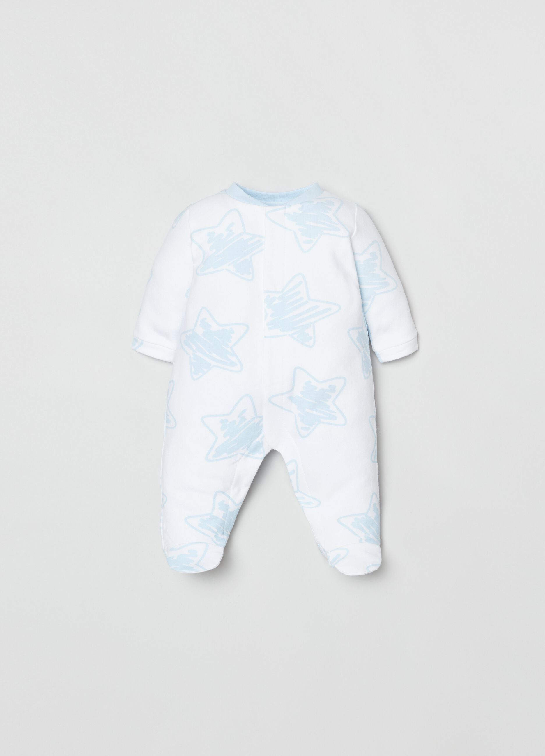 Stretch cotton onesie with feet and stars print