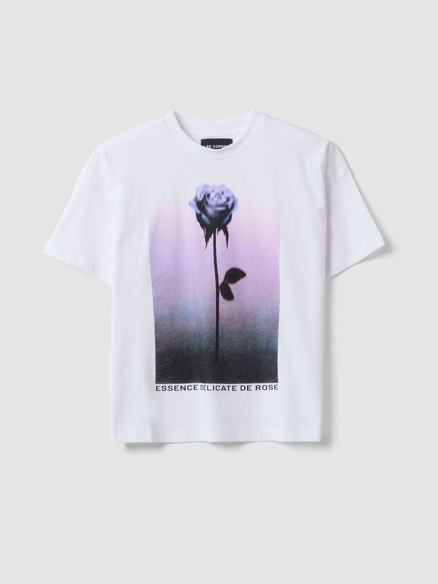 White pure cotton T-shirt with floral print, regular fit_0