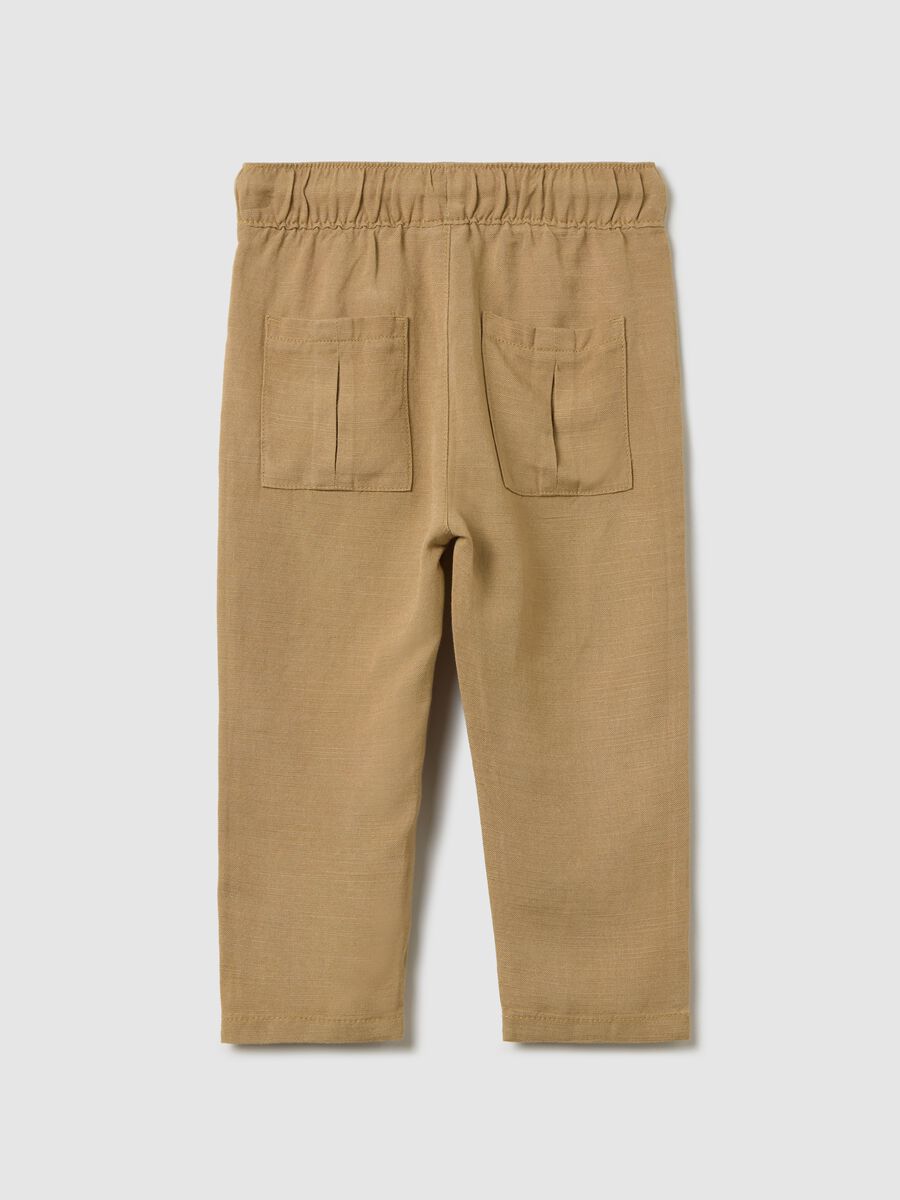 Beige trousers in linen and viscose with drawstring_1
