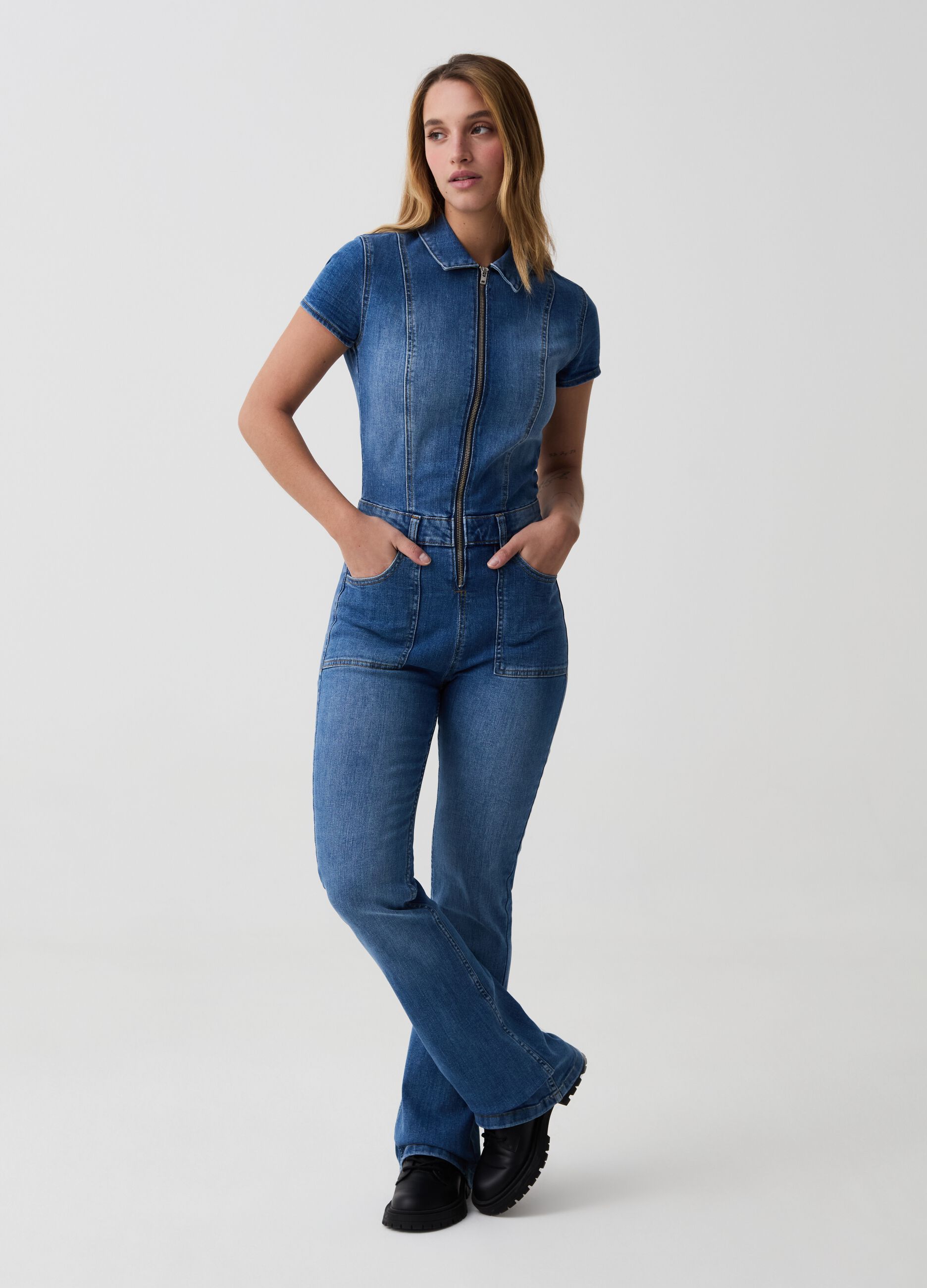 Tuta intera in denim con zip