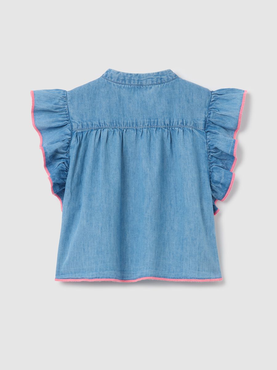 Denim shirt with flounced sleeves_1