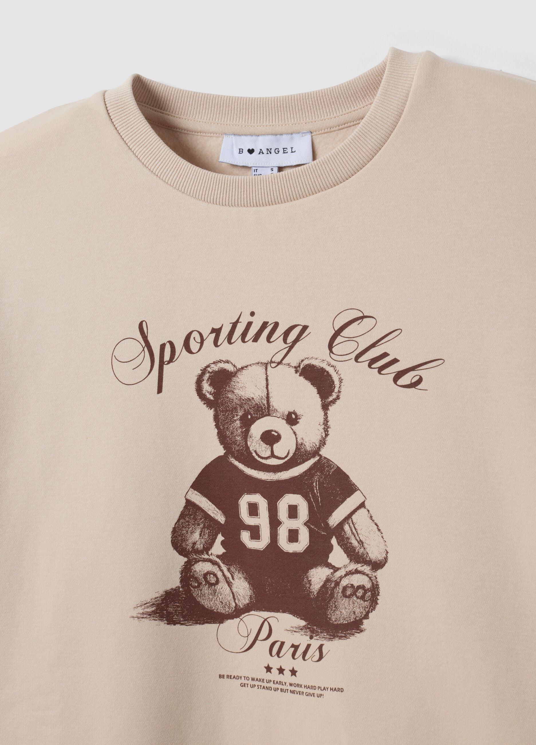 Beige cotton-blend crew-neck sweatshirt with teddy print