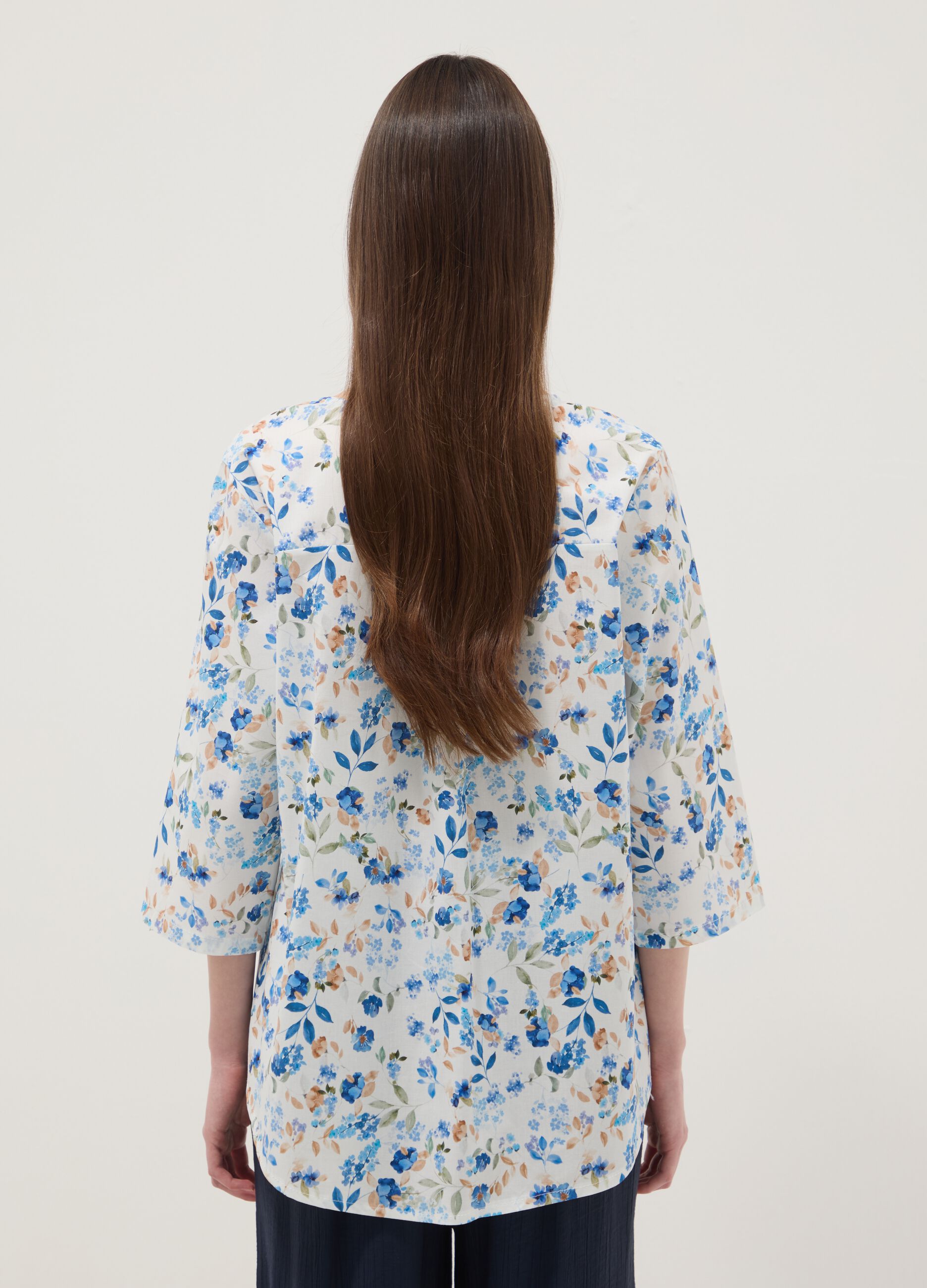 White floral stretch cotton blouse, regular fit