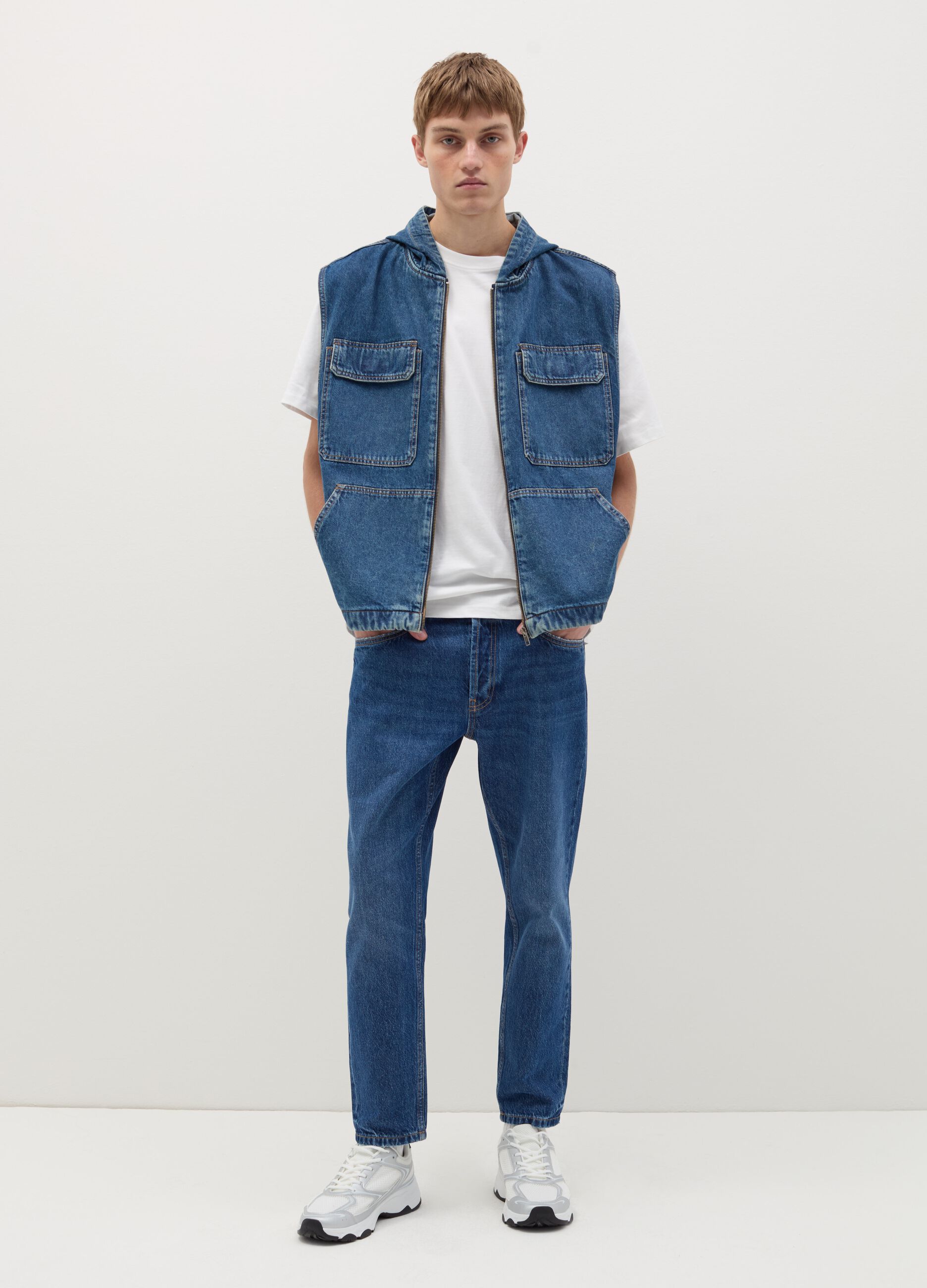 Full-zip gilet in denim with hood
