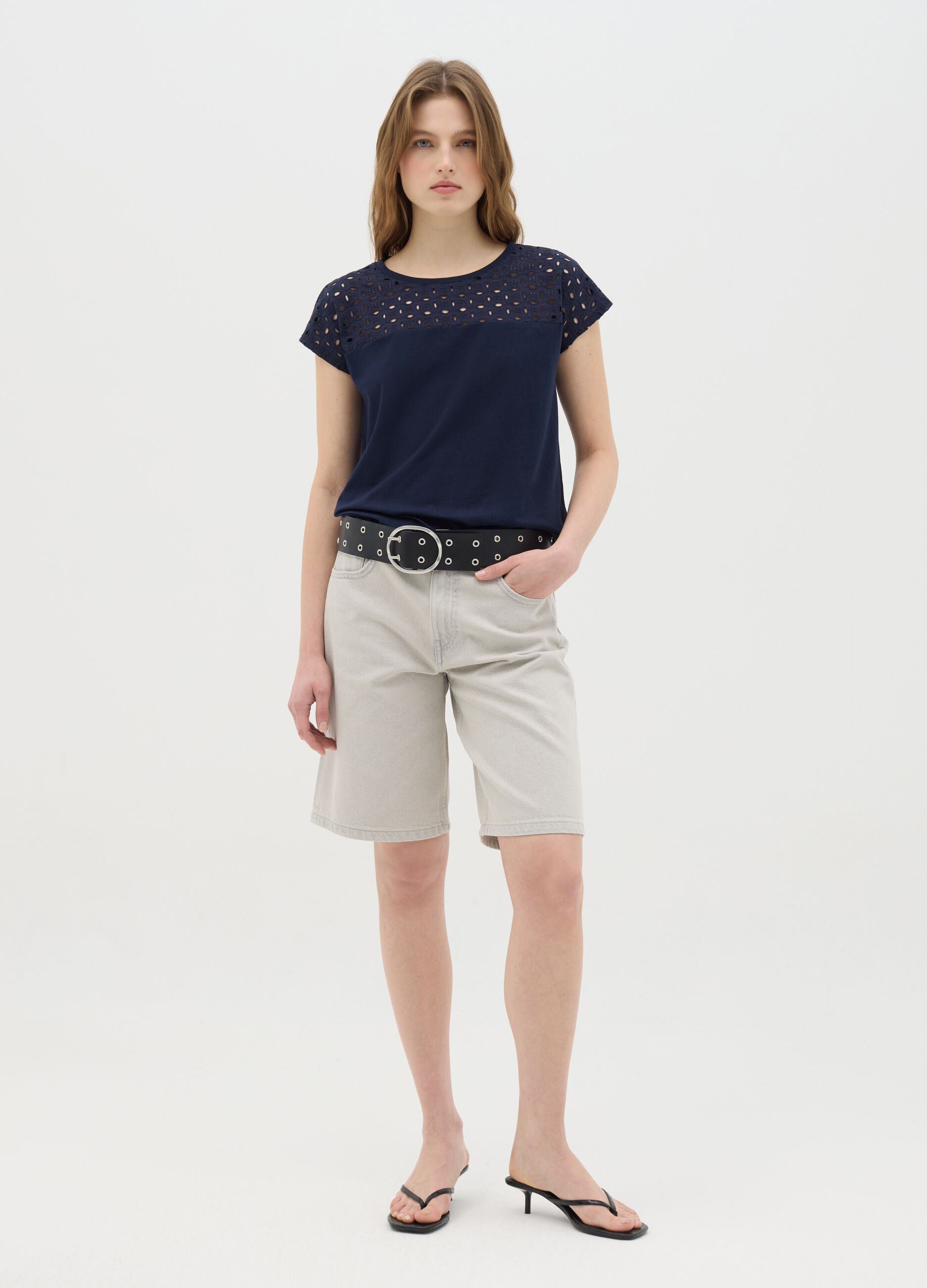 Blue short sleeve T-shirt with perforated details