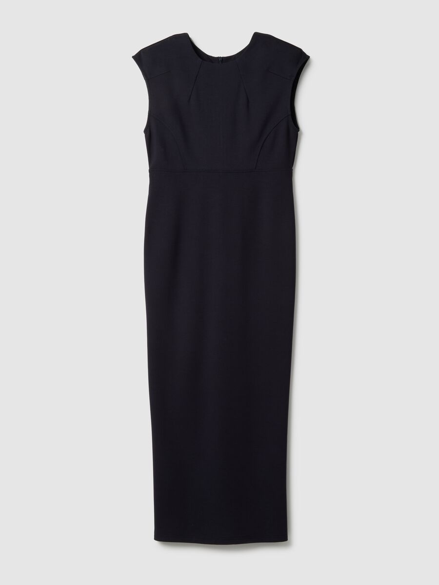 Sleeveless blue viscose blend slim fit dress with zip_4