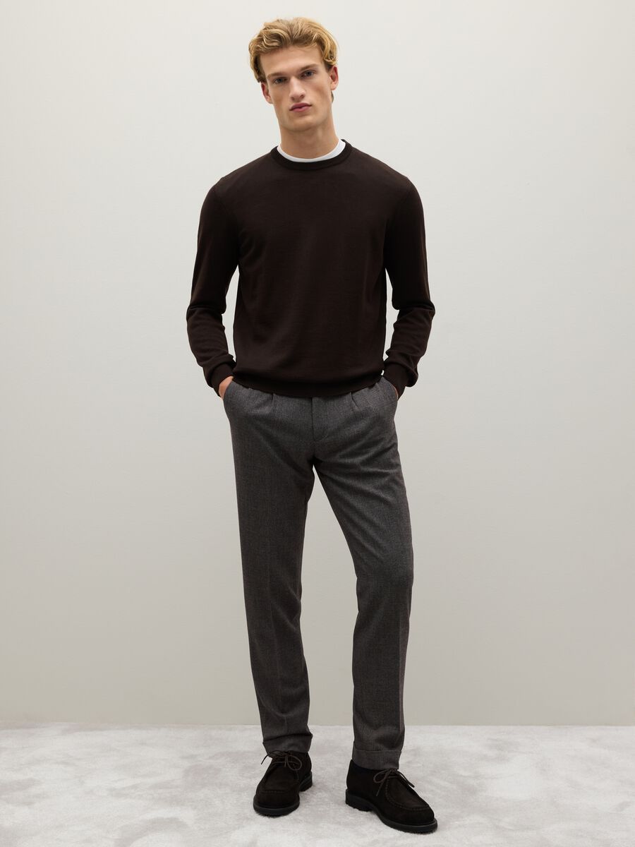 Brown regular fit crew neck pure merino wool jumper_1
