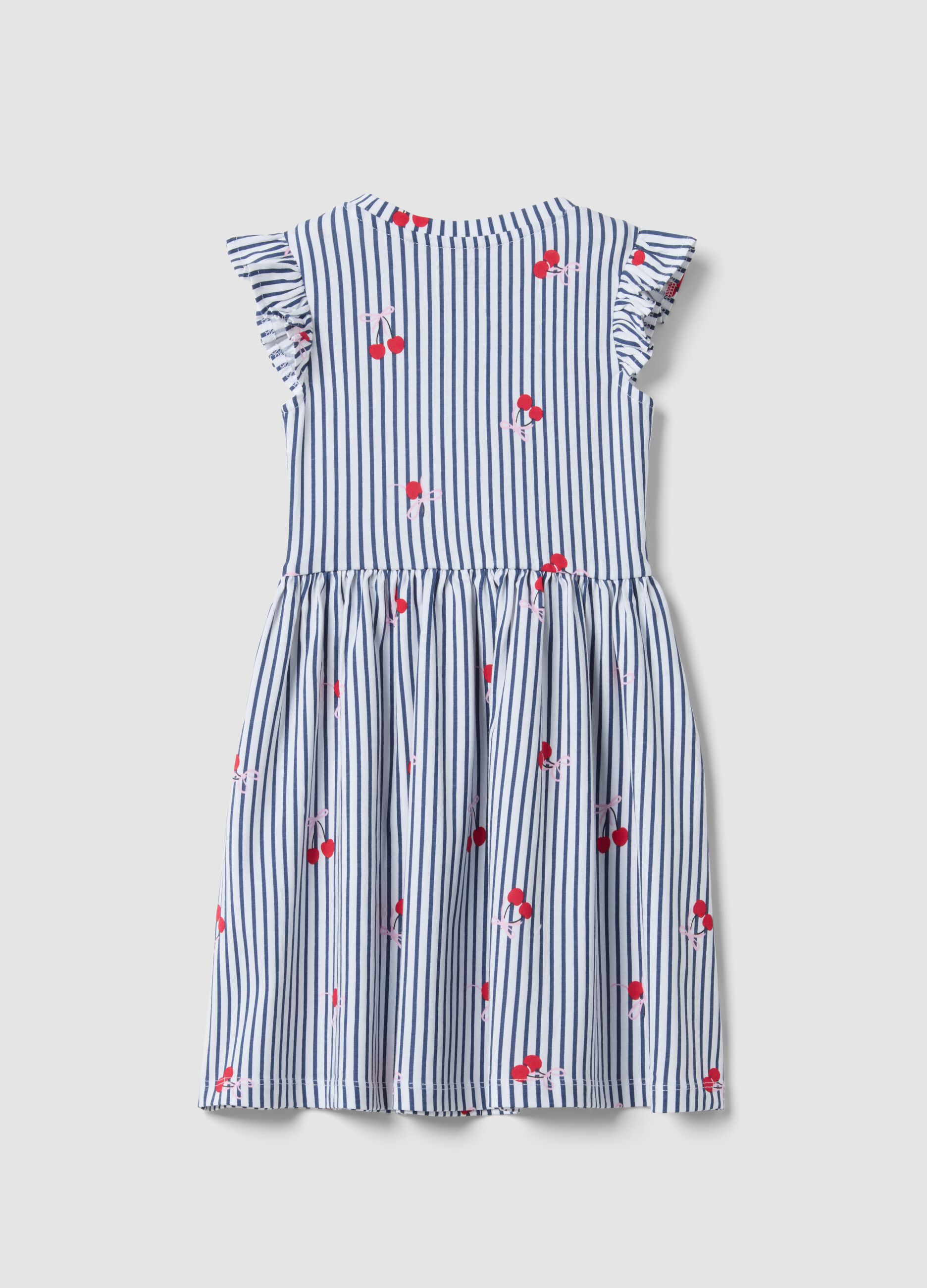 Pure cotton striped blue dress with frills and prints for girls