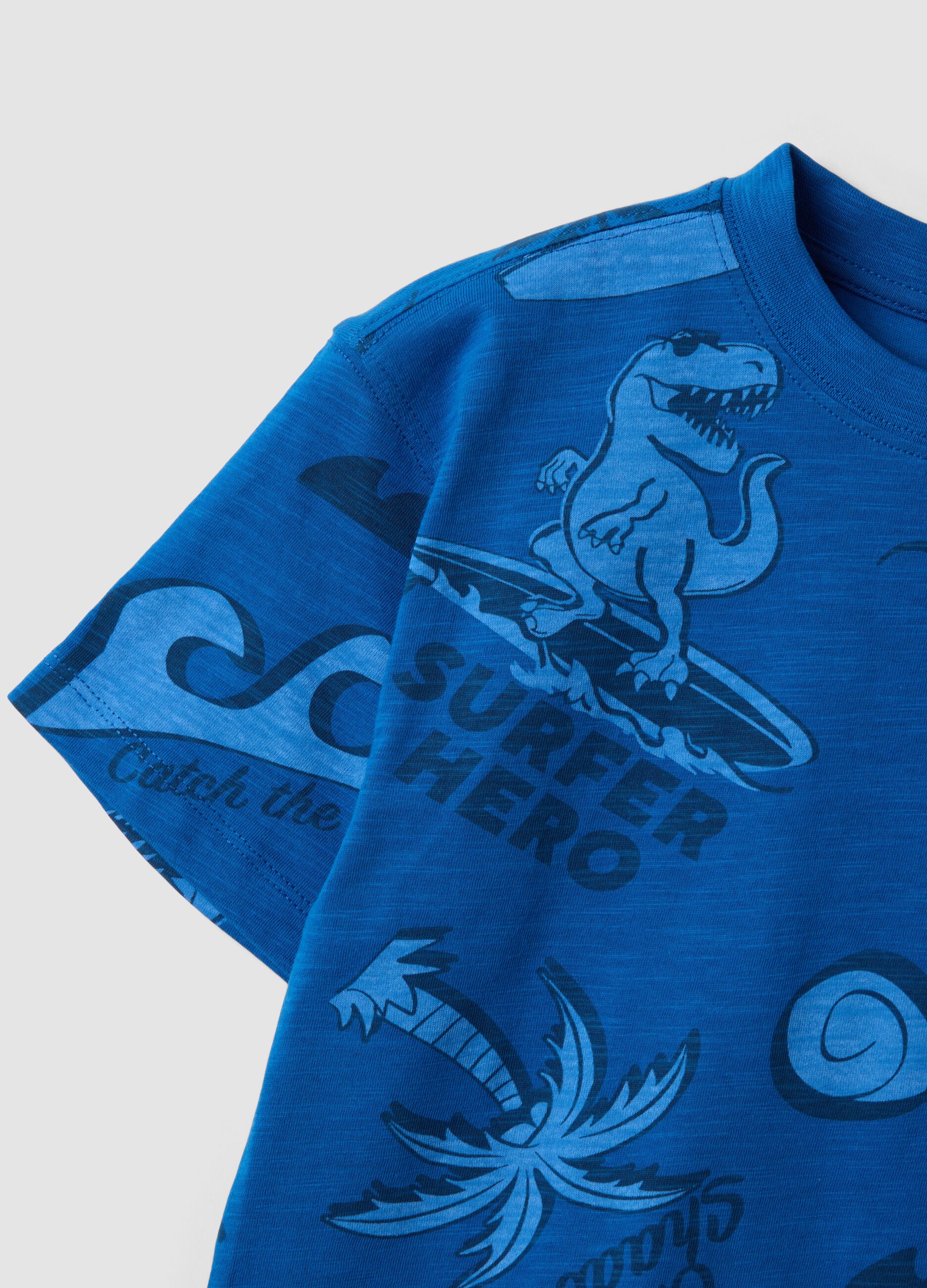 Blue short-sleeved pure cotton T-shirt