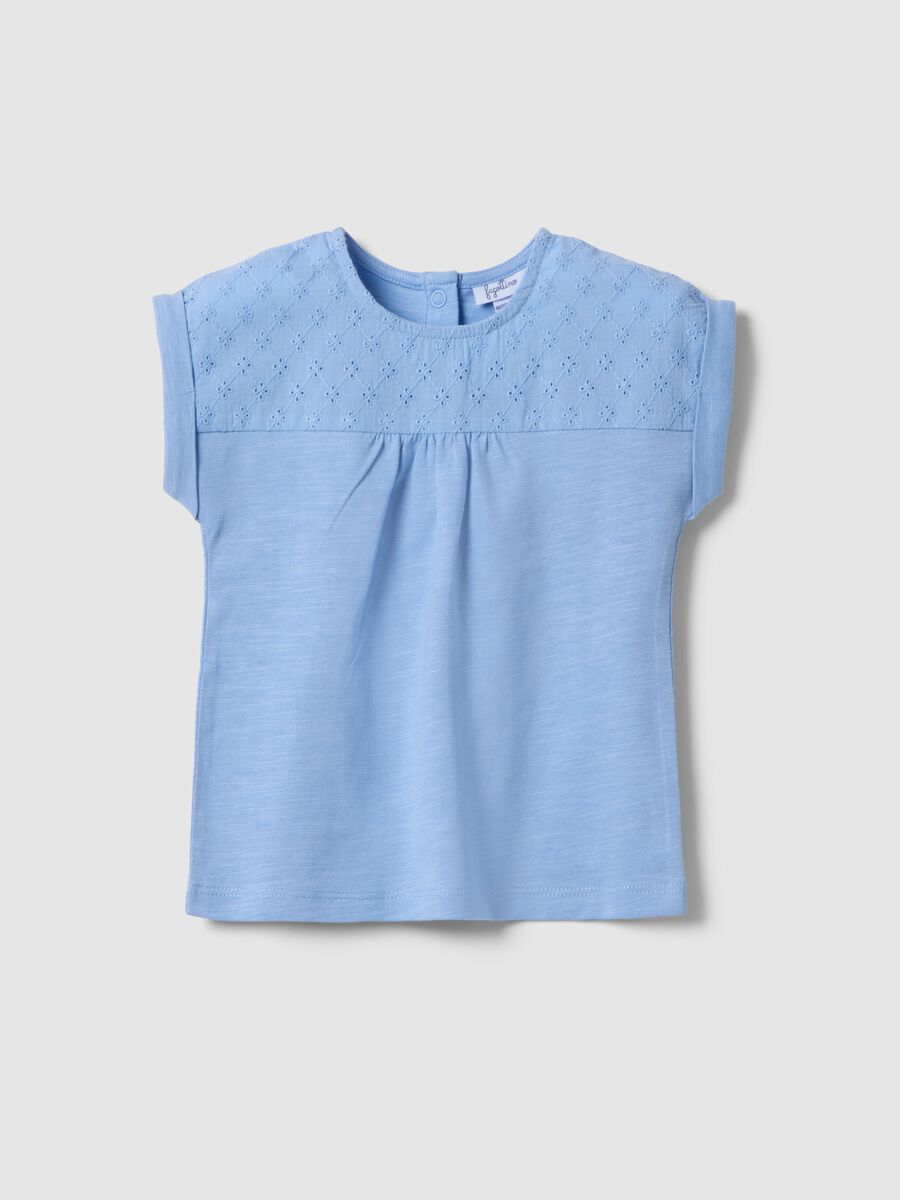 Blue pure cotton regular fit girl's T-shirt with embroidery_0