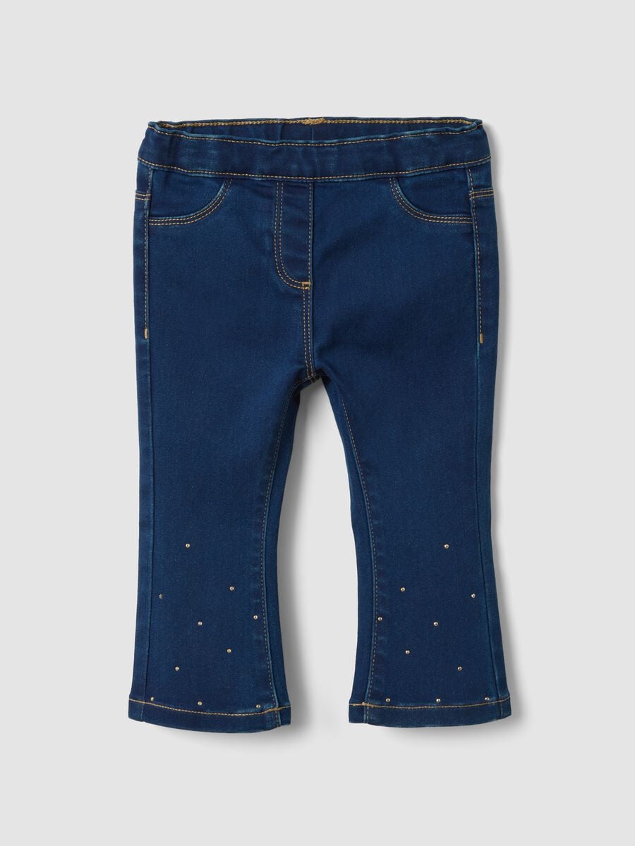 Blue flared stretch-cotton jeggings with glitter for baby girl_0