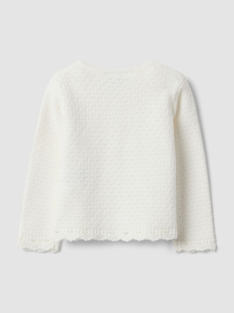 Cardigan bianco in puro cotone organico con lavorazione a maglia per neonata_1