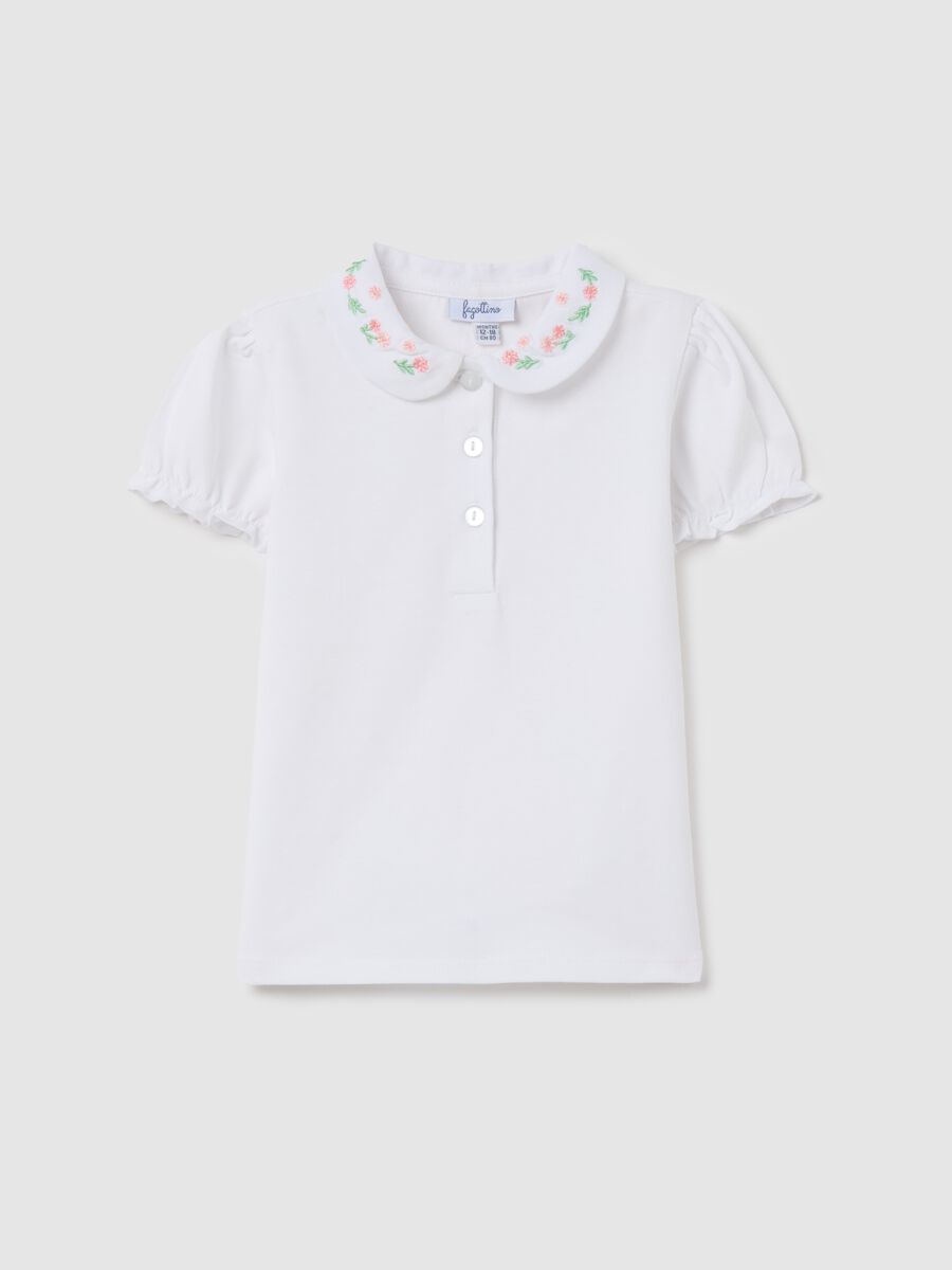 Stretch cotton polo shirt with flowers embroidery_0