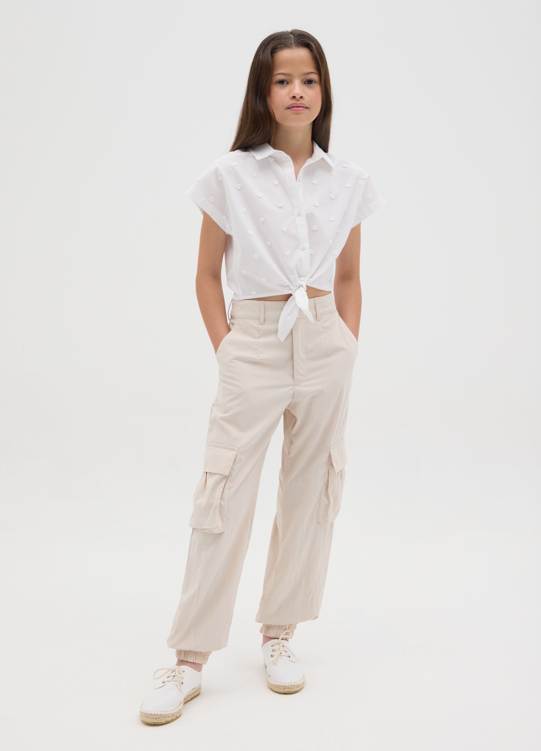 Girls' beige mixed regular fit trousers