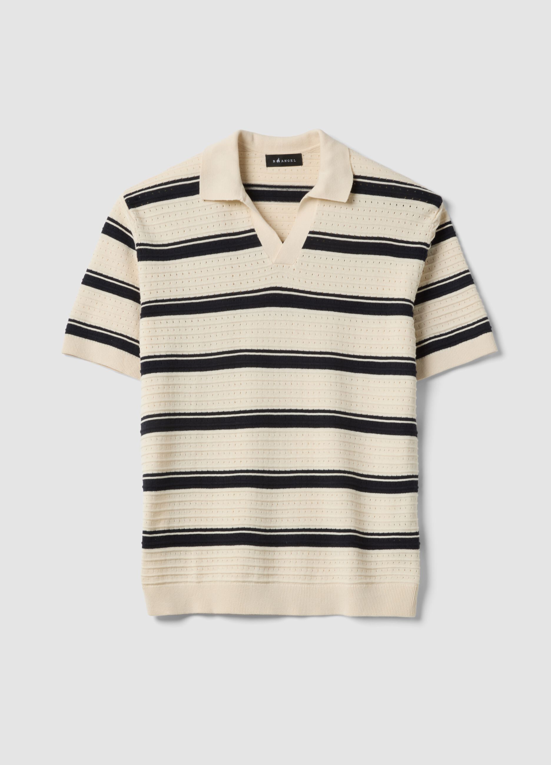Beige striped pure cotton polo shirt with classic collar, oversized fit