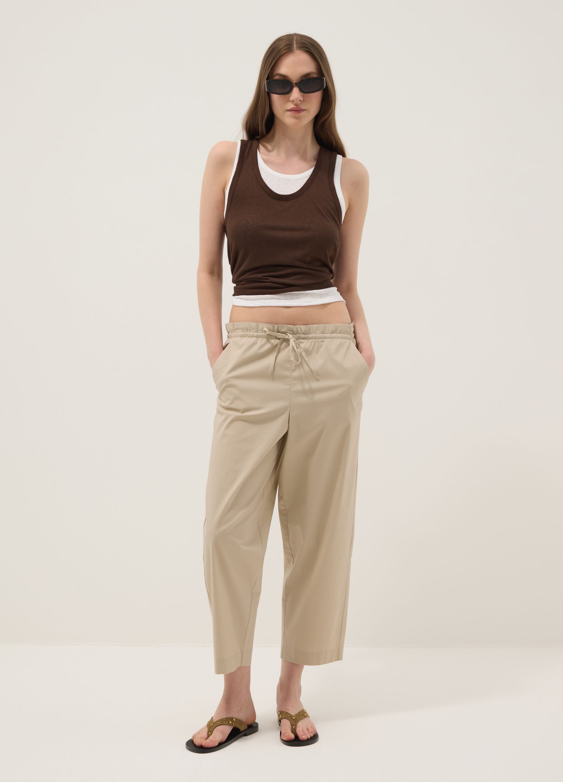 Beige stretch-cotton trousers with elasticated waistband