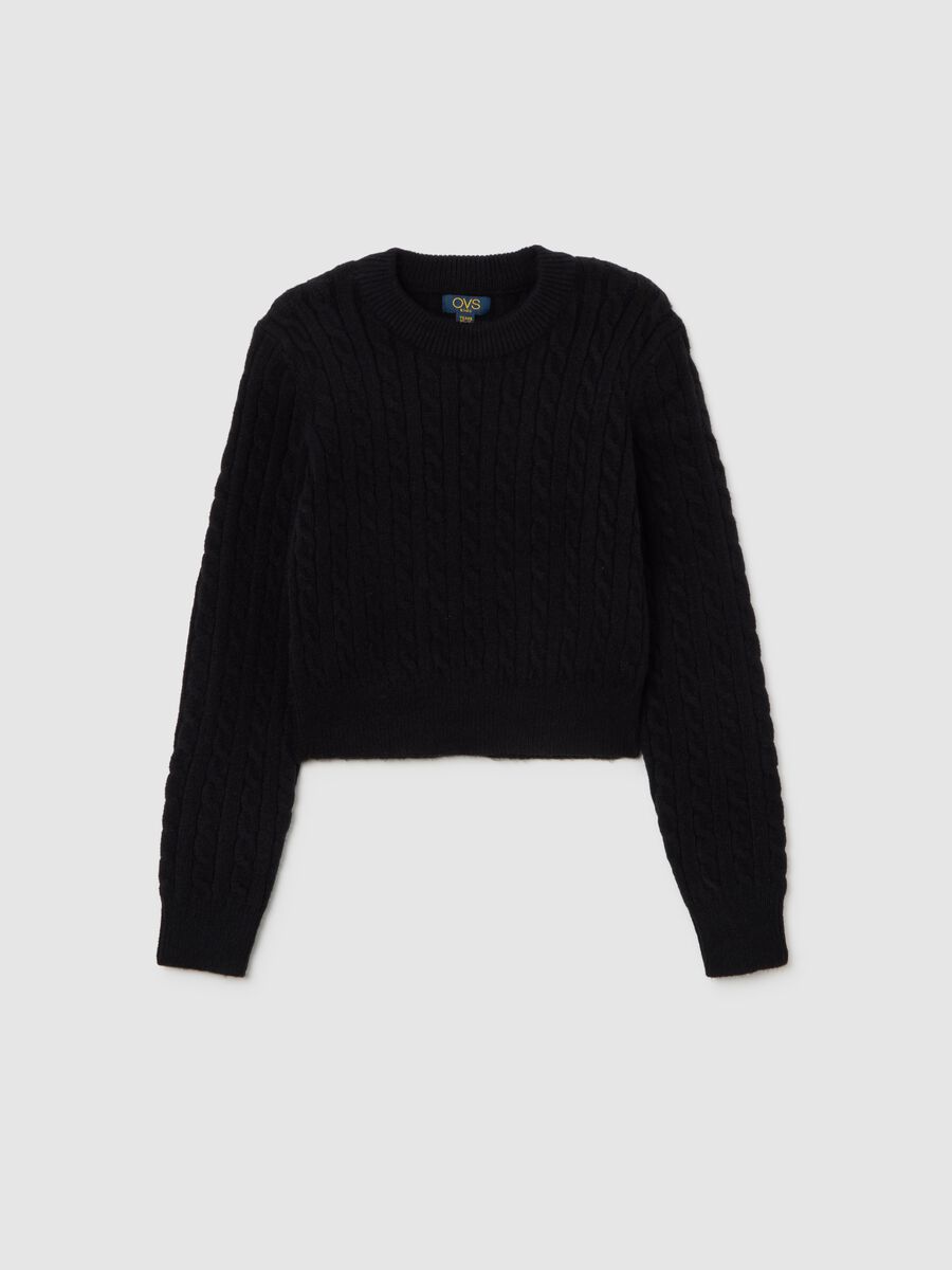 Girls' black crew neck sweater with cable pattern, regular fit_0