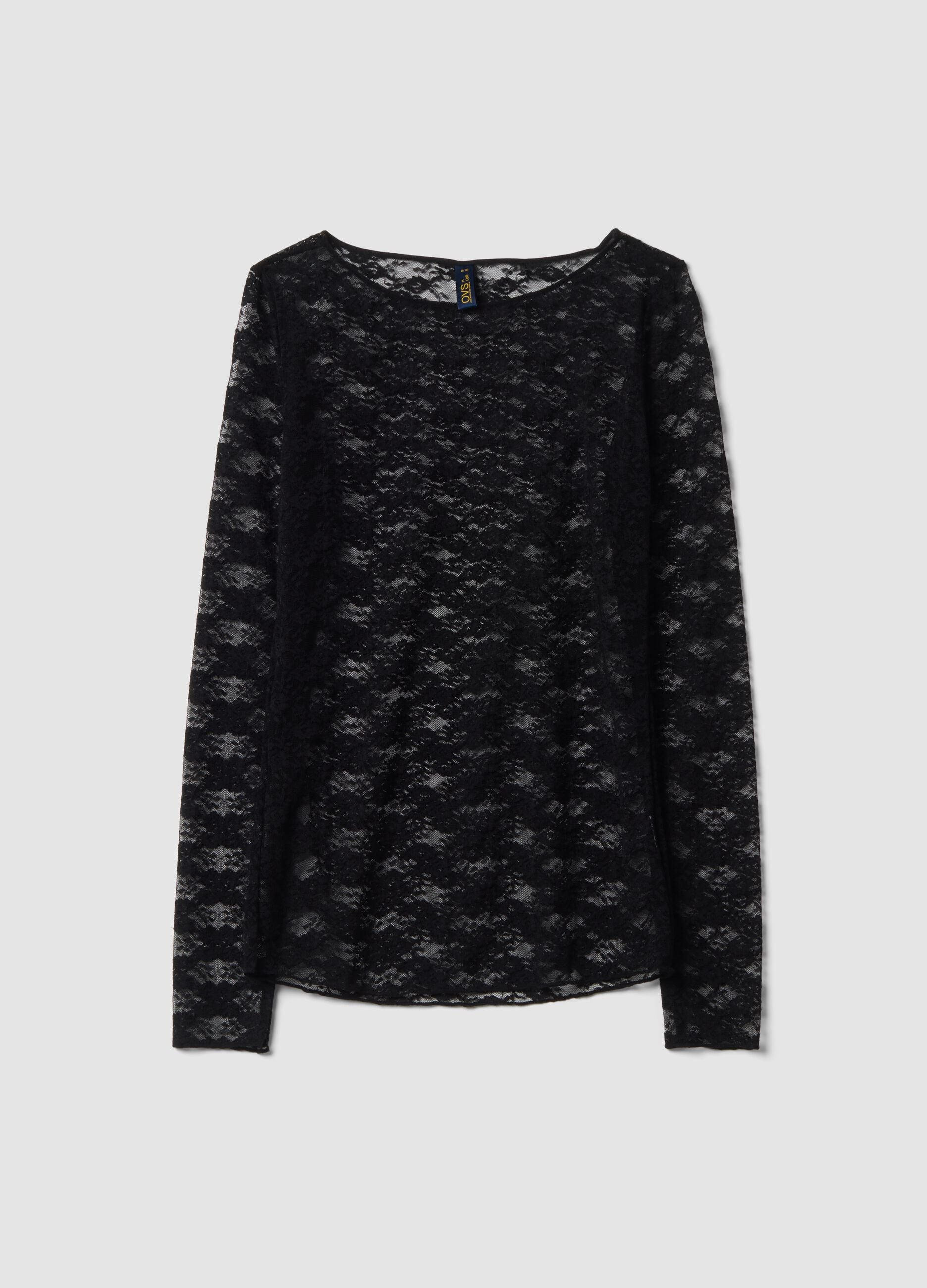 Maglia nera in tessuto elasticizzato con pizzo regular fit