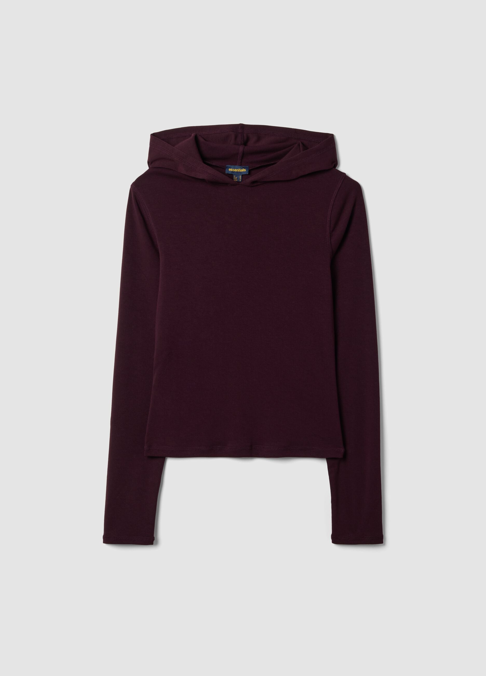 Purple stretch-viscose crew-neck top with hood