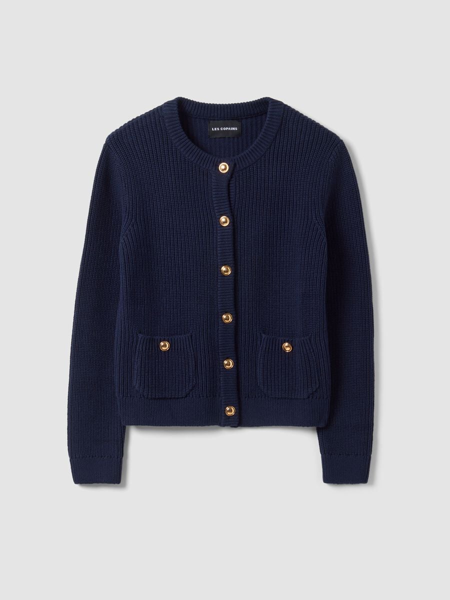 Blue pure cotton crew-neck knit cardigan_4