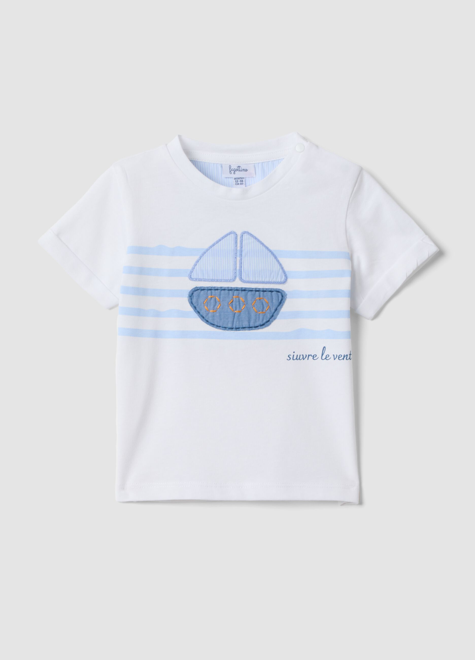 White short-sleeved pure cotton T-shirt with little boat motif
