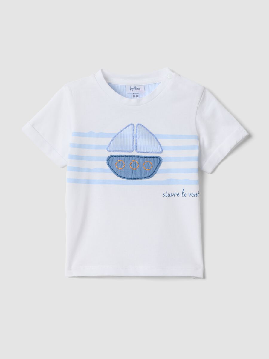 White short-sleeved pure cotton T-shirt with little boat motif_0