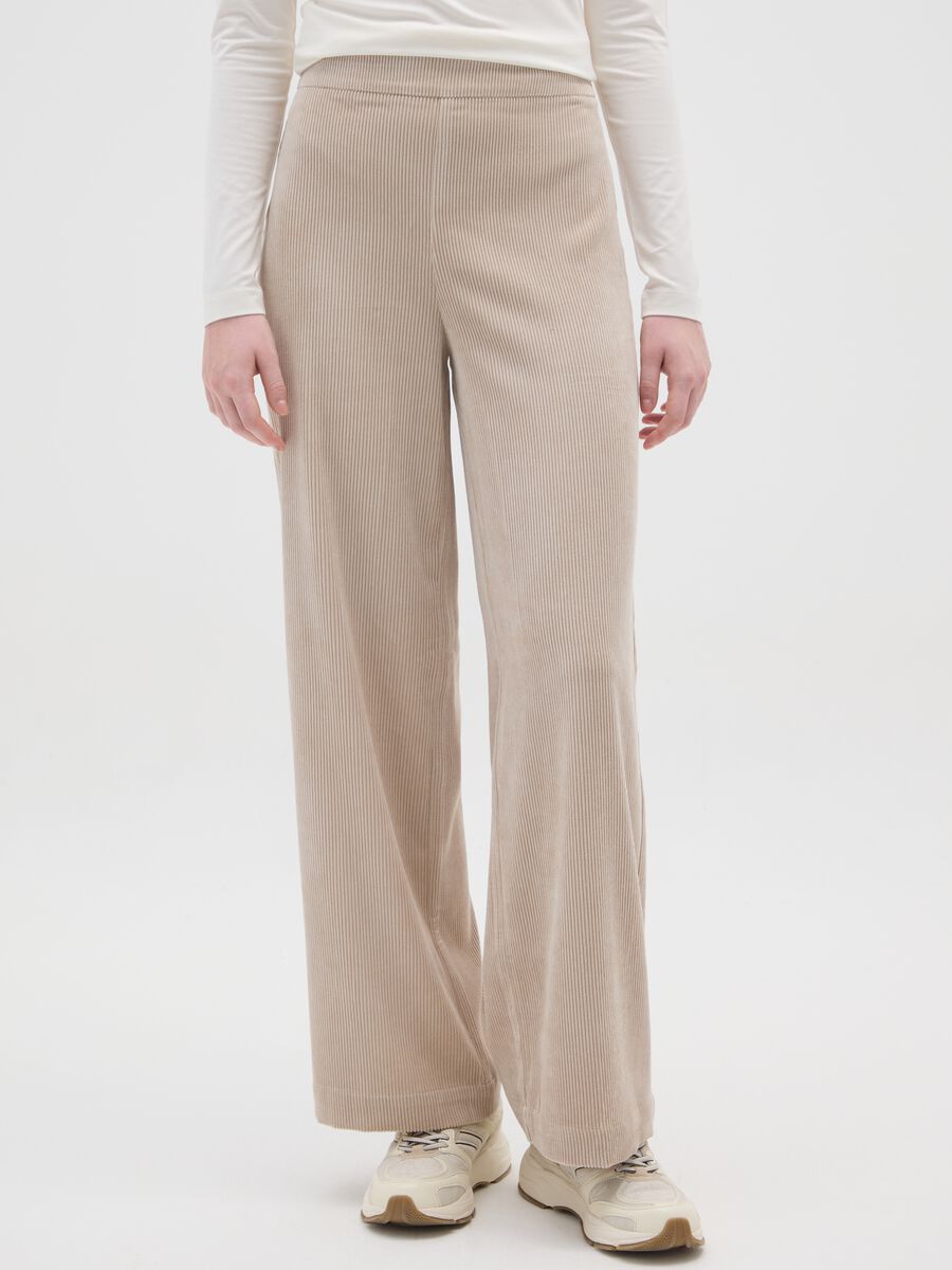Beige Wide Leg Velvet Trousers_1