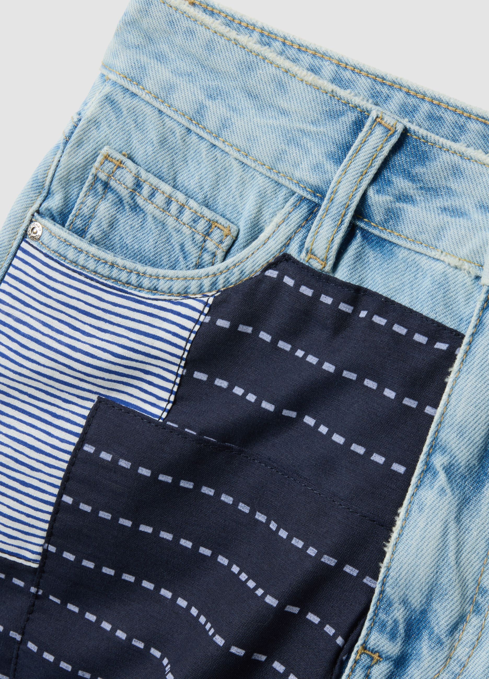 Light blue pure-cotton denim shorts with patchwork inserts