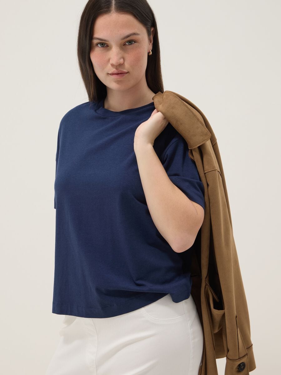 T-shirt blu a maniche corte in cotone e modal elasticizzato_0