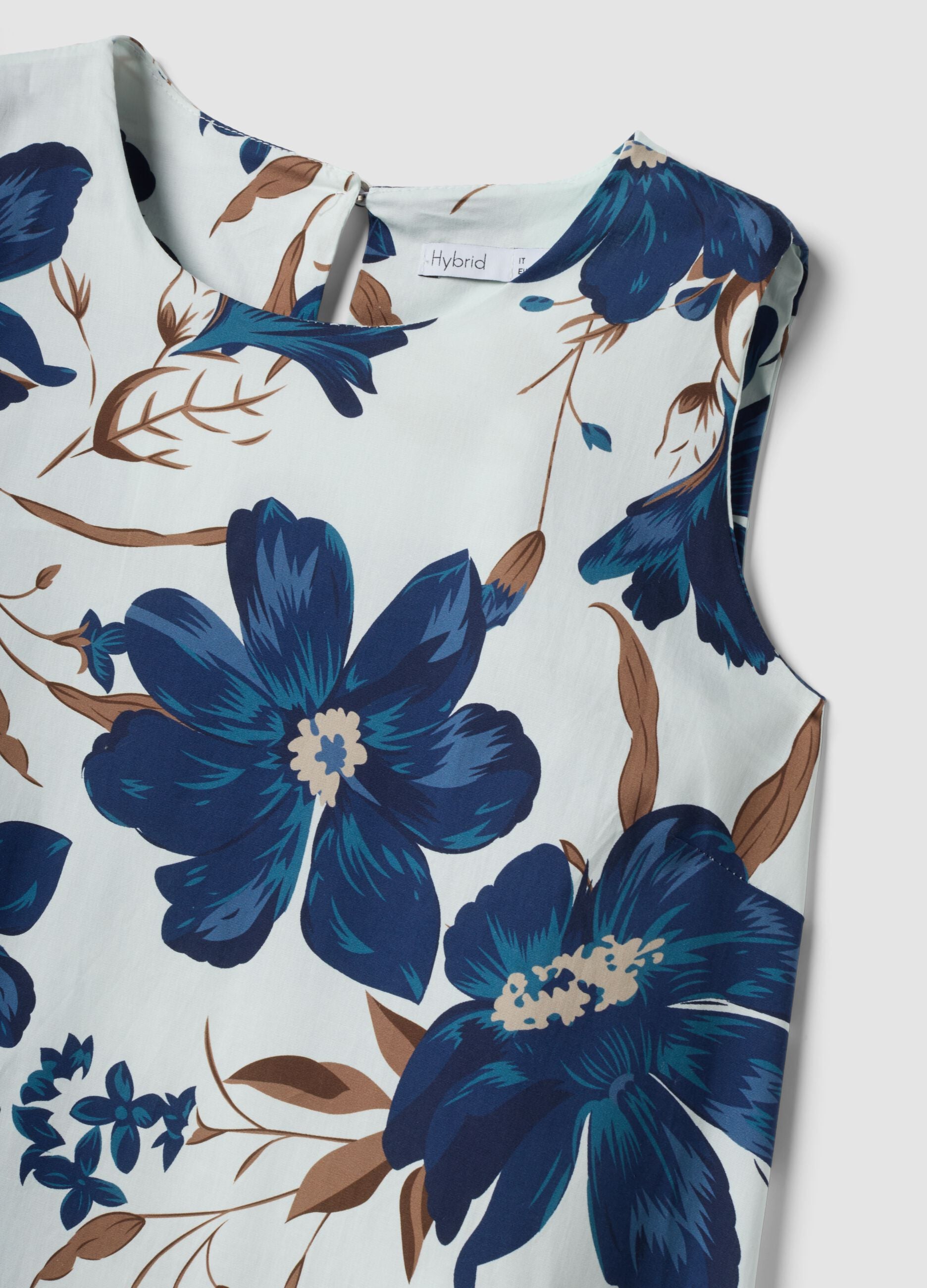 White stretch cotton dress with floral print, regular fit