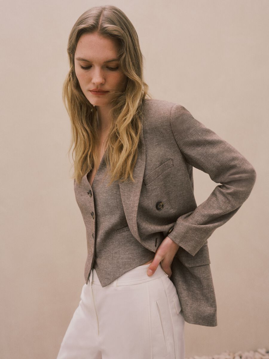 Multicolour viscose and linen mix regular fit blazer_0