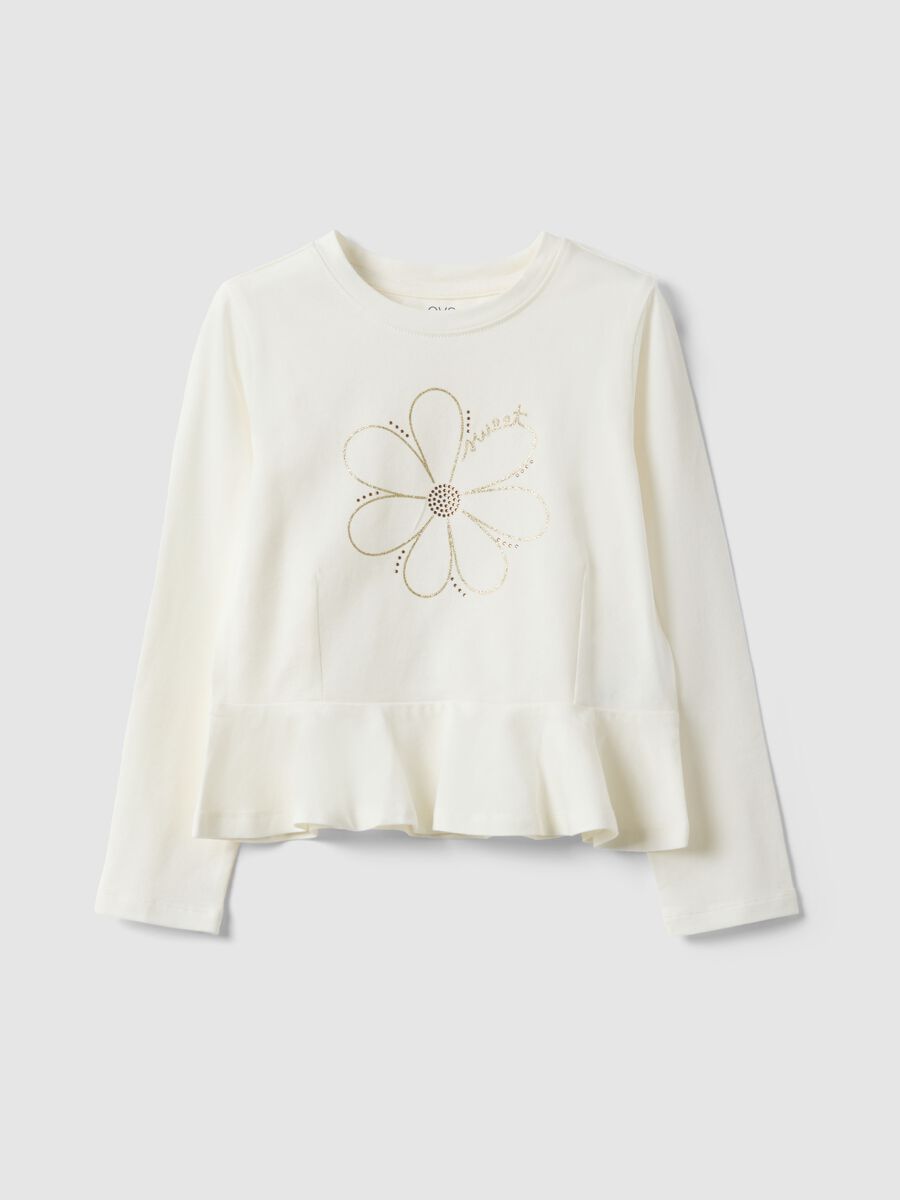 White stretch cotton girl's top regular fit with flower_0