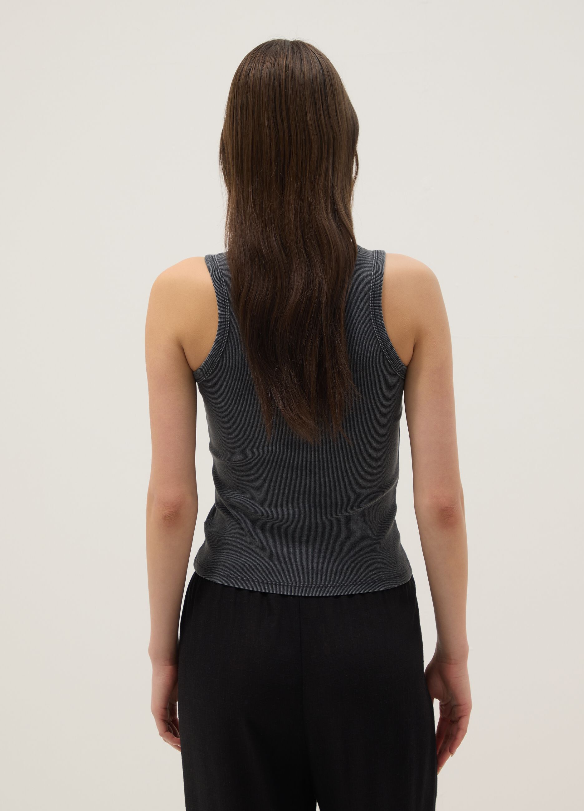 Grey ribbed stretch-cotton fitted tank top
