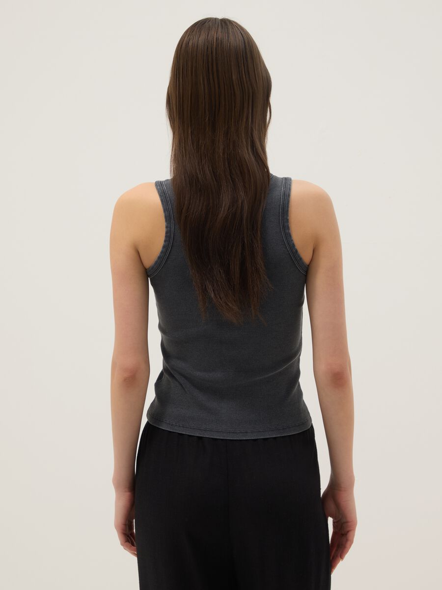 Grey ribbed stretch-cotton fitted tank top_3