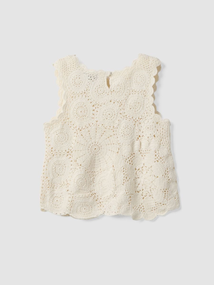Tank top in puro cotone bianco da bambina con motivo a maglia floreale_1