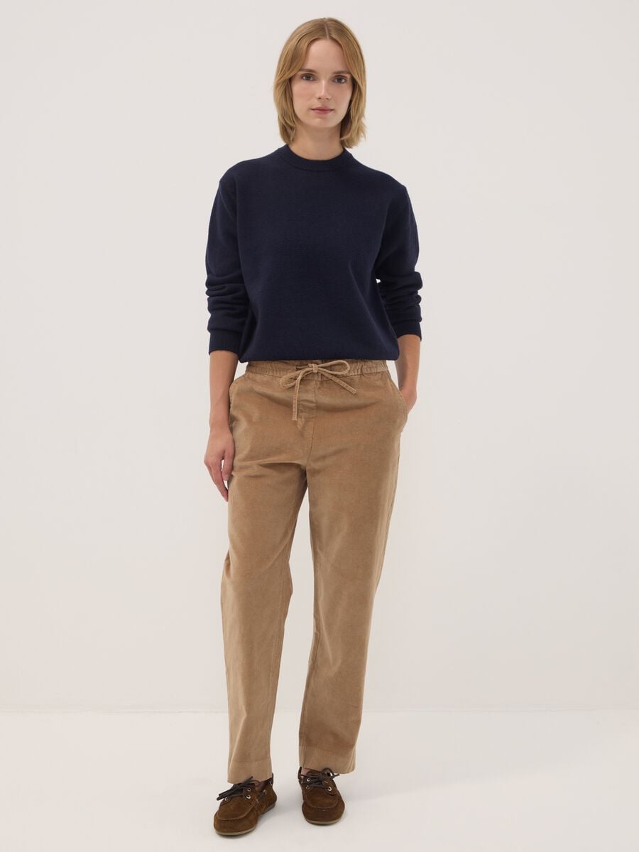 Pantaloni beige in cotone elasticizzato a coste con vita elasticizzata_0