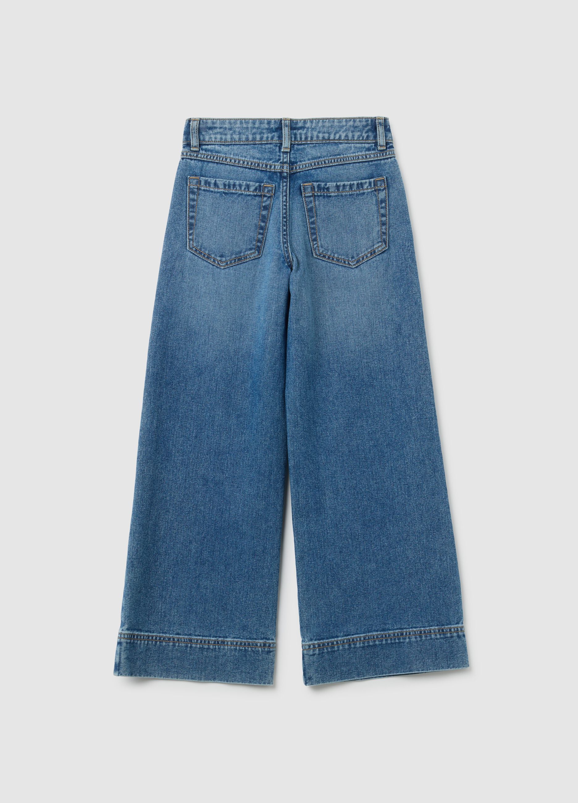 Jeans da ragazza in puro cotone blu a gamba larga