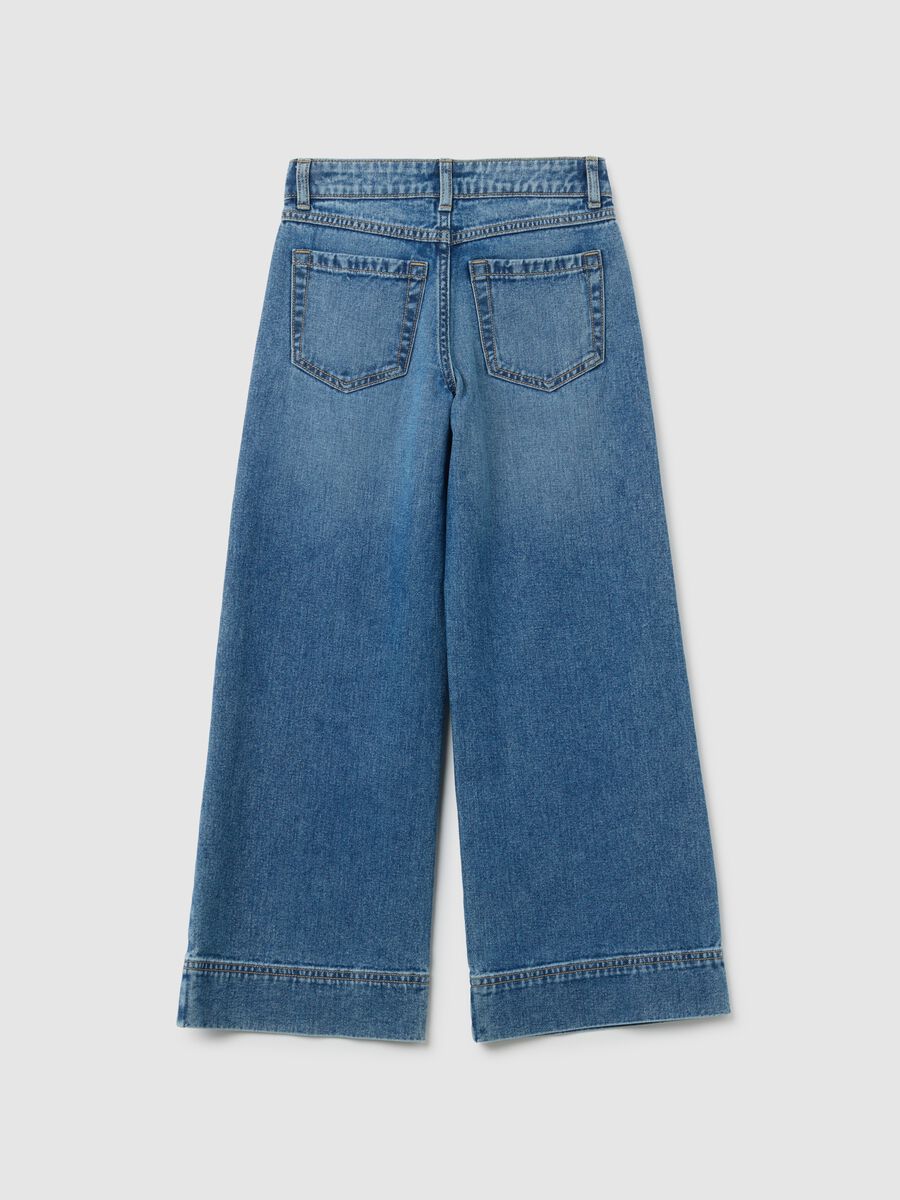 Jeans da ragazza in puro cotone blu a gamba larga_1