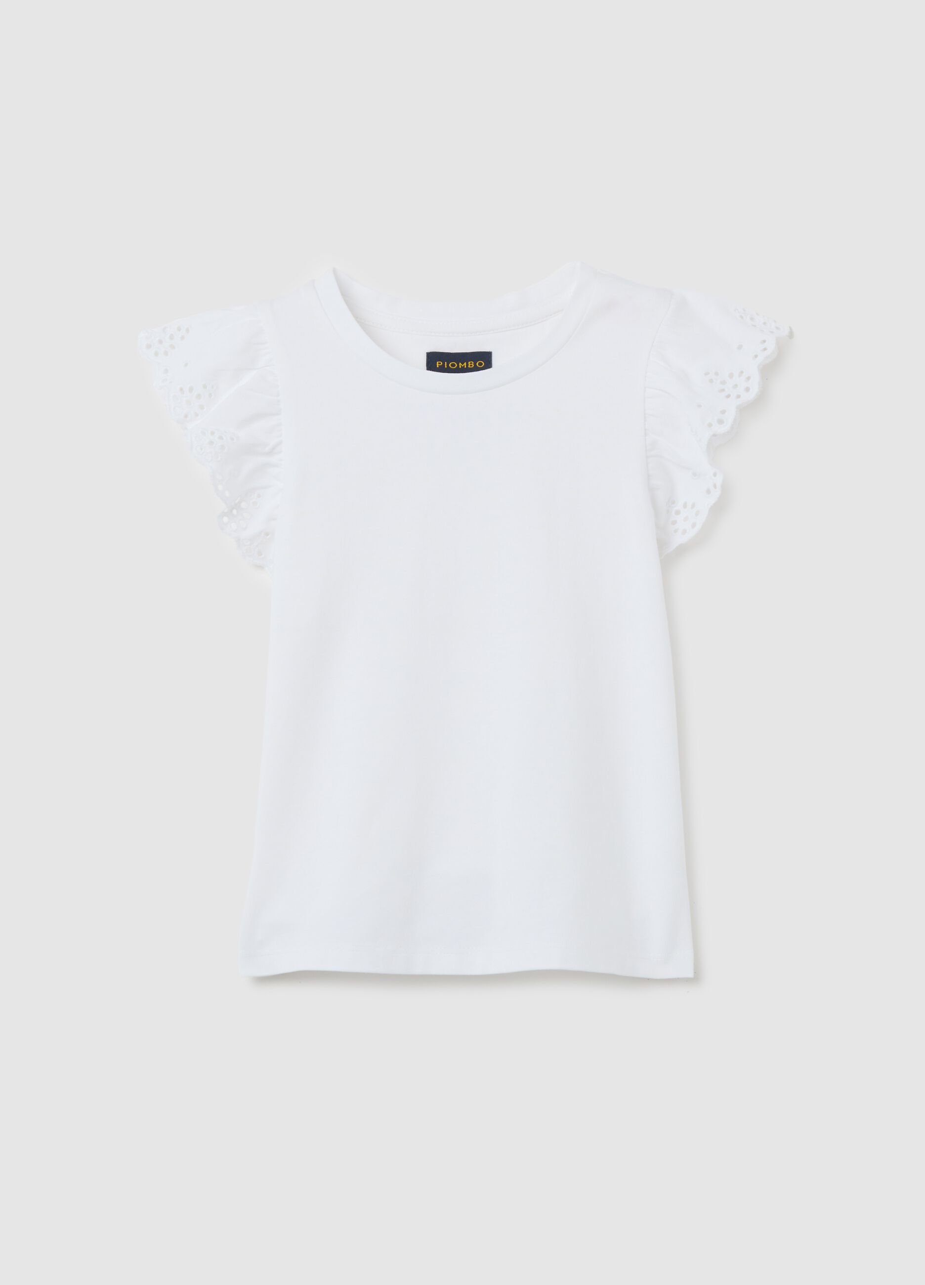 White stretch cotton T-shirt with broderie anglaise sleeves