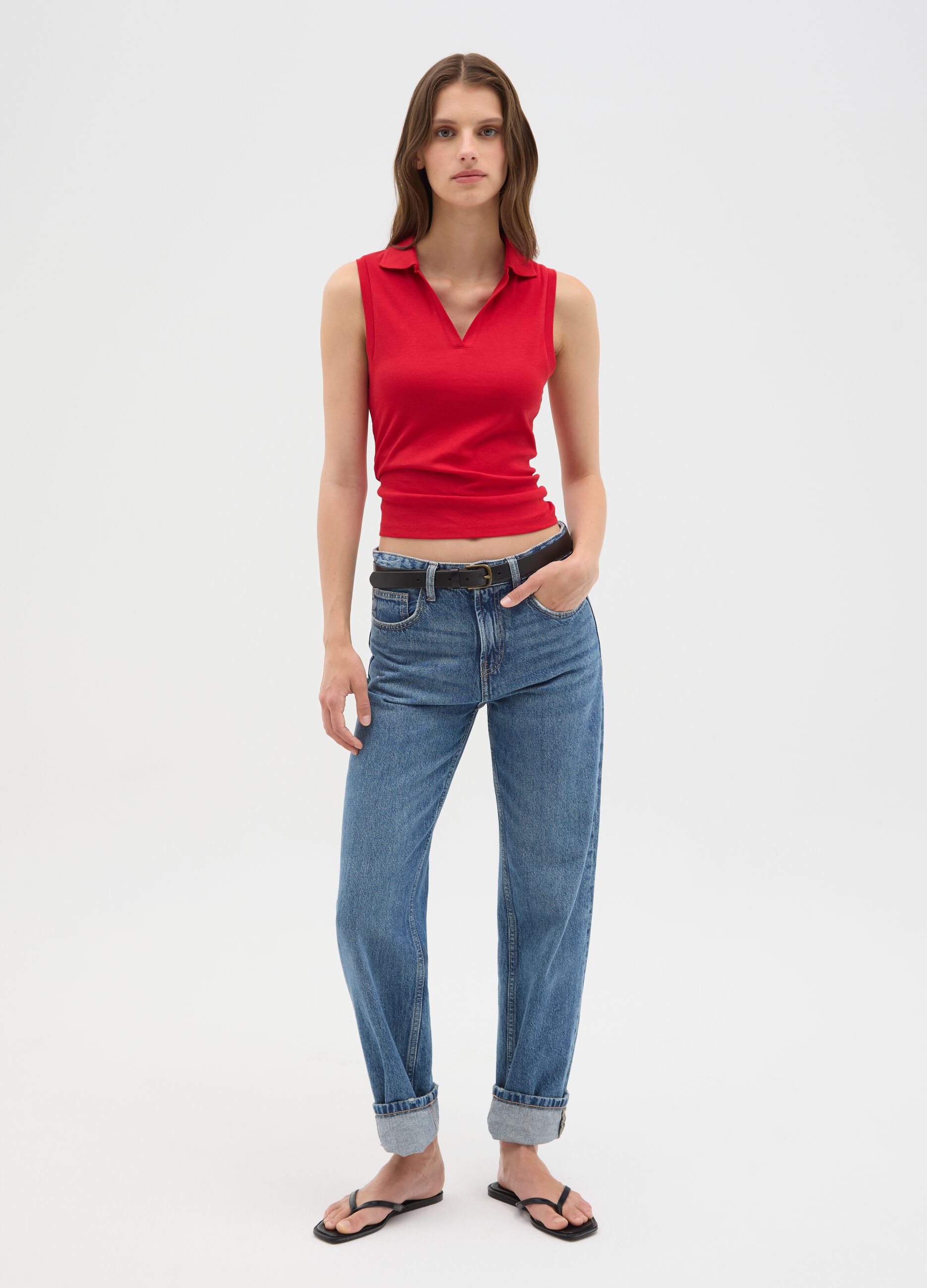 Women's Sleeveless Red Cotton Top in Slim Fit