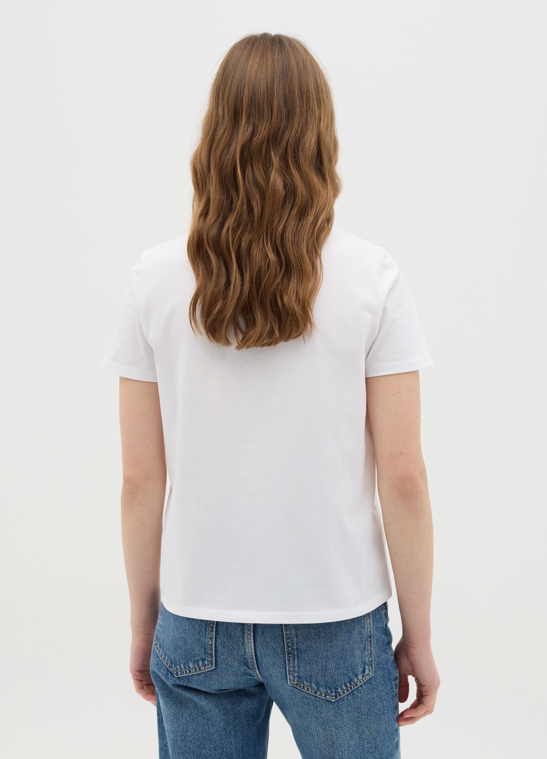 White cotton T-shirt with embroidered palm trees