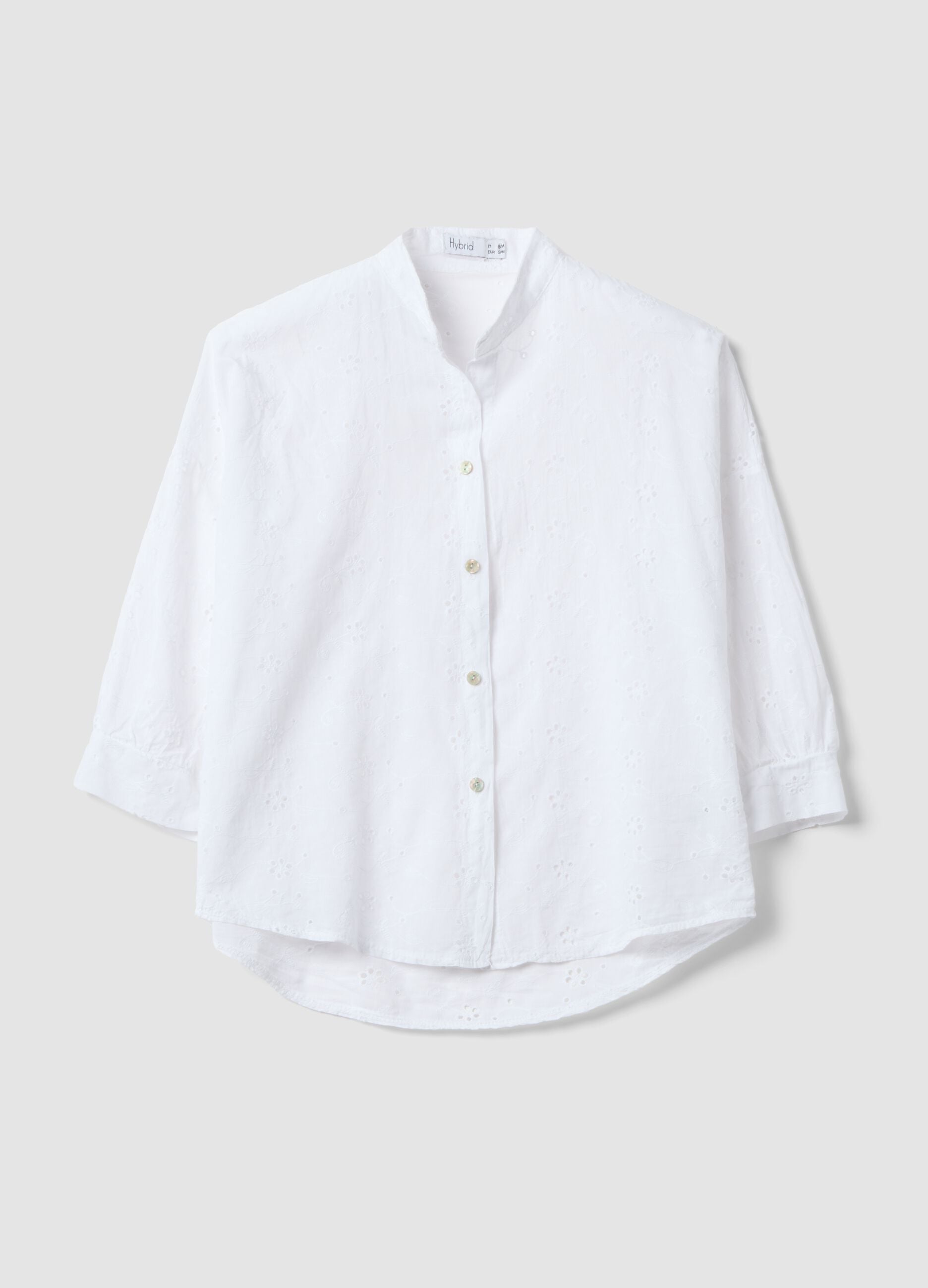 Camicia bianca traforata in puro cotone con collo coreano regular fit