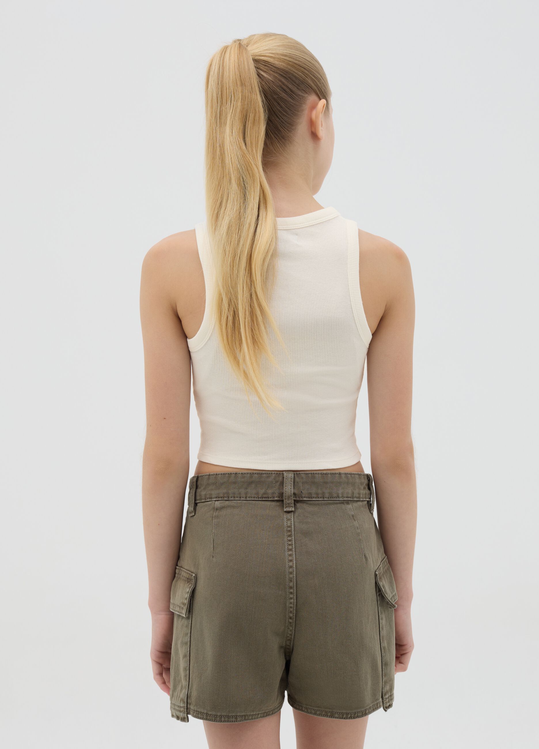White ribbed stretch cotton tank top with print