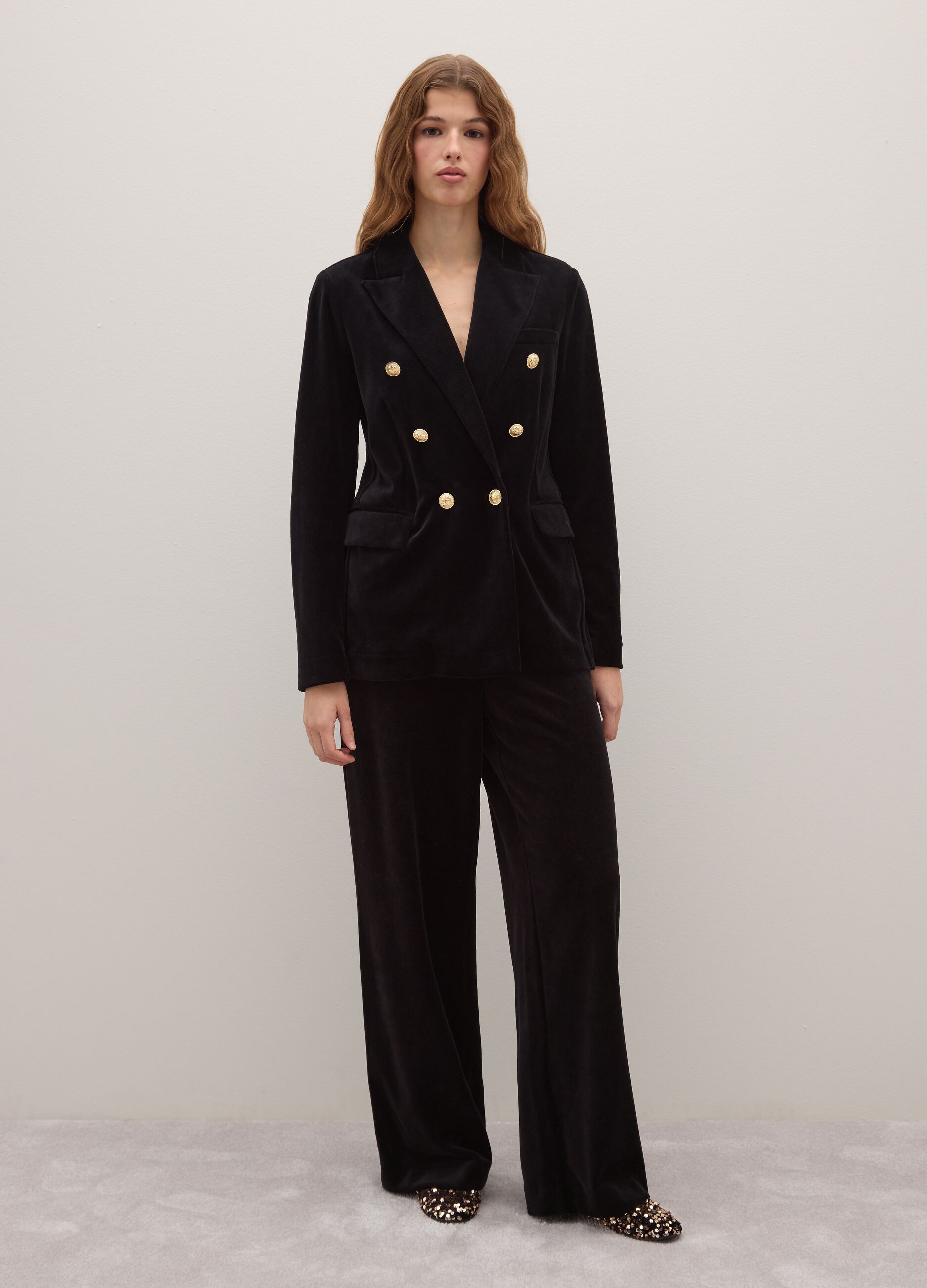 Pantaloni in misto cotone e velluto neri regular fit