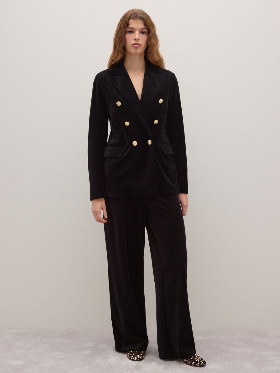 Regular fit black cotton and velvet blend trousers_0