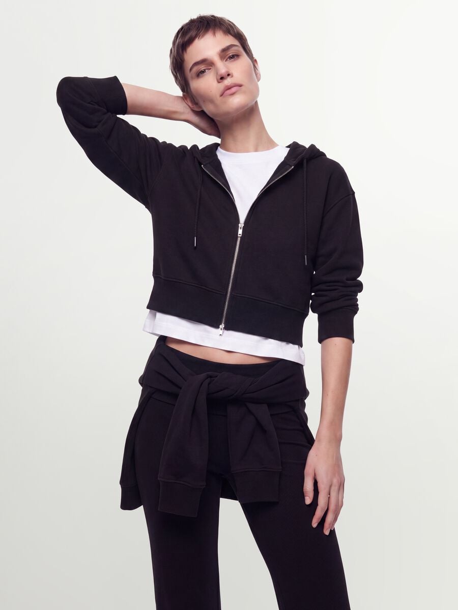 Felpa full zip nera in misto cotone con cappuccio fitted_0
