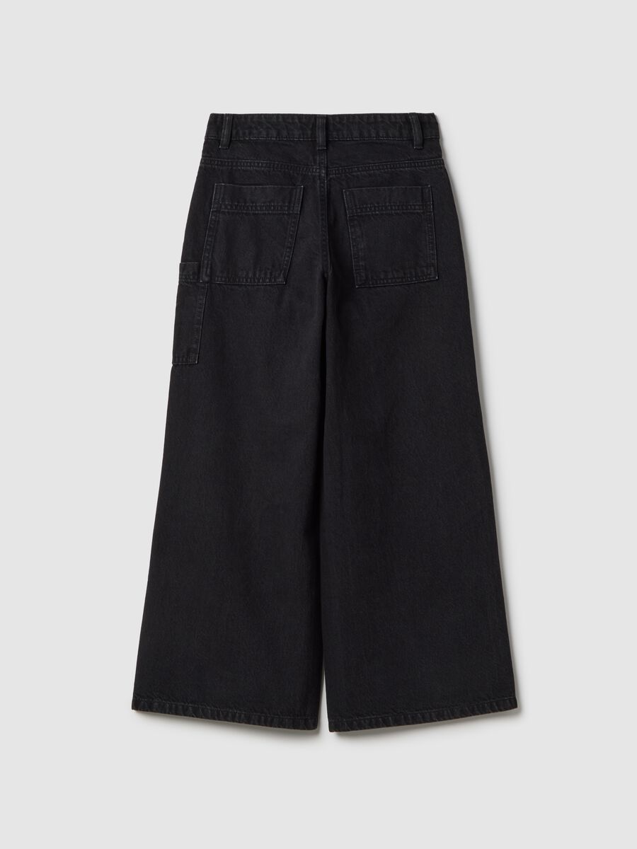 Girls' Pure Black Cotton Wide Leg Jeans with Large Pockets_4