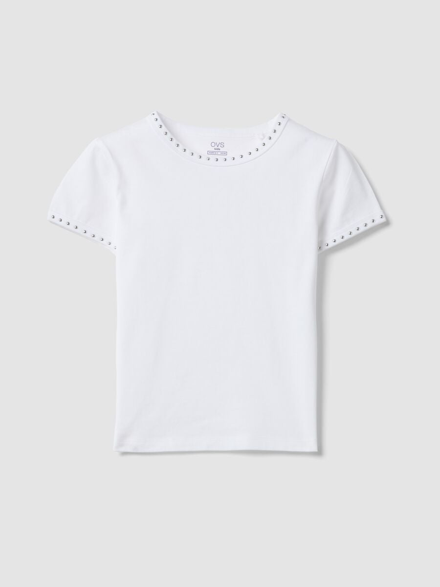 Girls&rsquo; white pure cotton slim-fit T-shirt with rhinestones_0